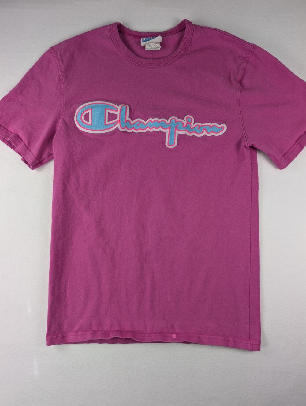 Vintage Champion Pink Script Logo Spellout T Shirt Y2K Size Small